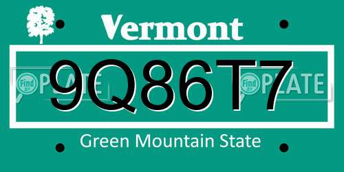 9Q86T7 Vermont License Plate
