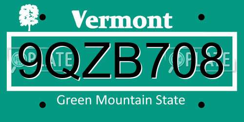 9QZB708 Vermont License Plate