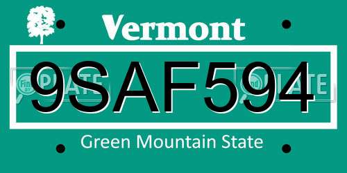 9SAF594 Vermont License Plate