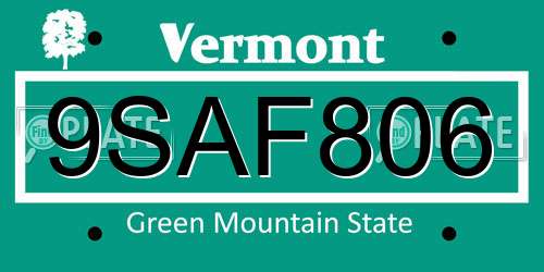 9SAF806 Vermont License Plate