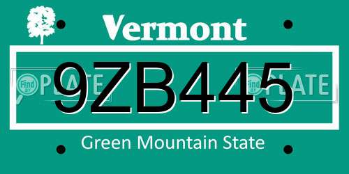 9ZB445 Vermont License Plate