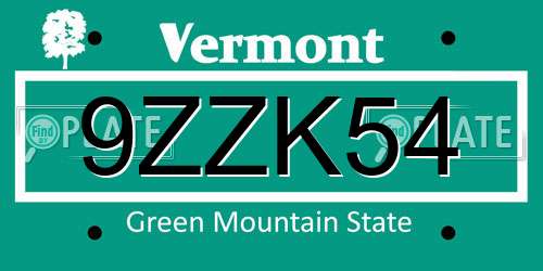 9ZZK54 Vermont License Plate