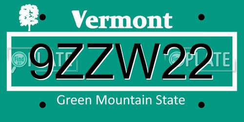 9ZZW22 Vermont License Plate
