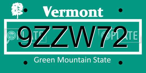 9ZZW72 Vermont License Plate