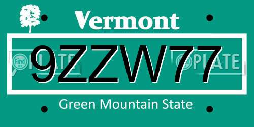 9ZZW77 Vermont License Plate