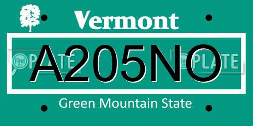 A205NO Vermont License Plate