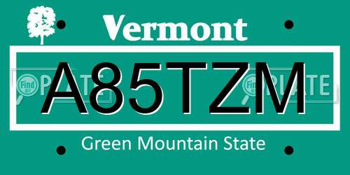 A85TZM Vermont License Plate