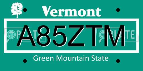 A85ZTM Vermont License Plate