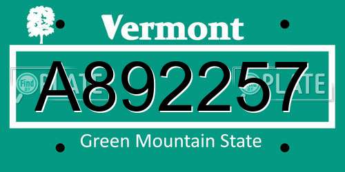 A892257 Vermont License Plate