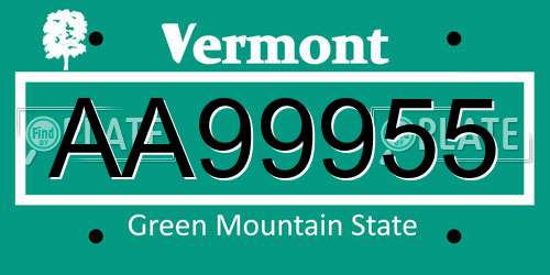 AA99955 Vermont License Plate