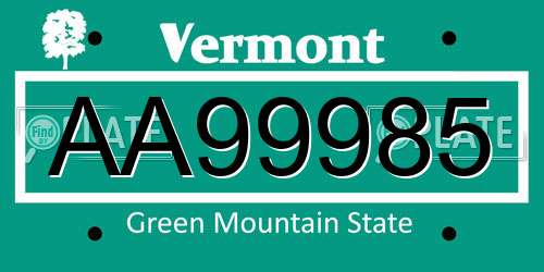 AA99985 Vermont License Plate