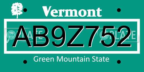 AB9Z752 Vermont License Plate