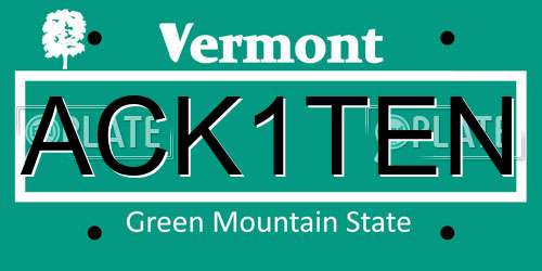 ACK1TEN Vermont License Plate