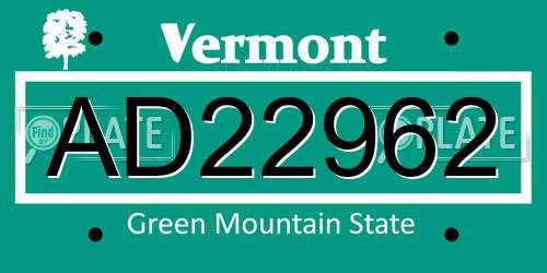 AD22962 Vermont License Plate