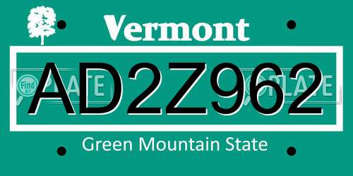 AD2Z962 Vermont License Plate