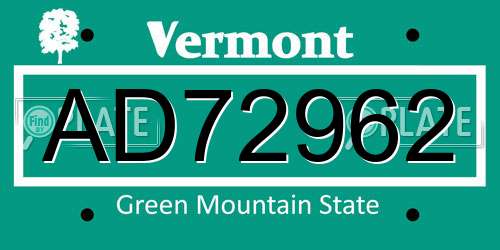 AD72962 Vermont License Plate
