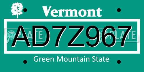 AD7Z967 Vermont License Plate