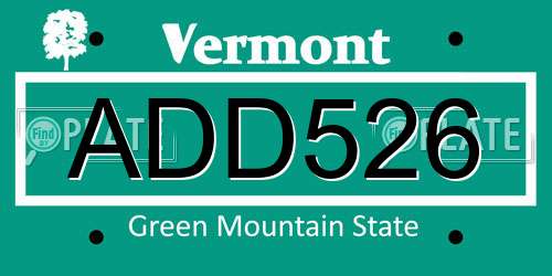 ADD526 Vermont License Plate