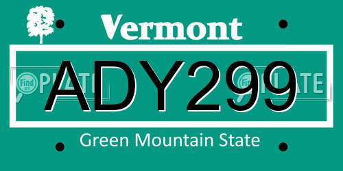 ADY299 Vermont License Plate