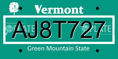 AJ8T727 Vermont License Plate