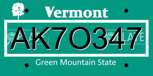 AK7O347 Vermont License Plate