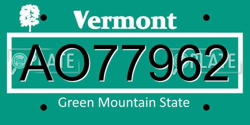 AO77962 Vermont License Plate