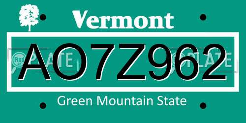AO7Z962 Vermont License Plate