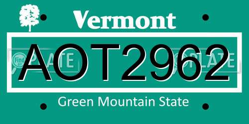 AOT2962 Vermont License Plate