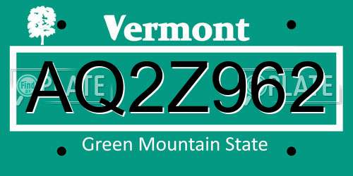 AQ2Z962 Vermont License Plate