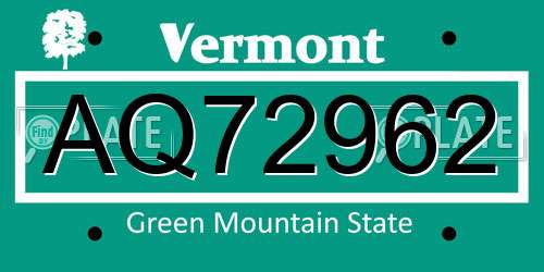 AQ72962 Vermont License Plate
