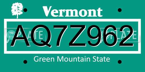 AQ7Z962 Vermont License Plate