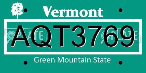 AQT3769 Vermont License Plate