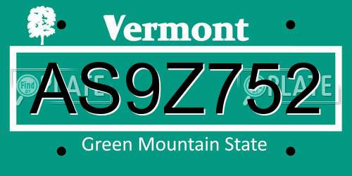 AS9Z752 Vermont License Plate