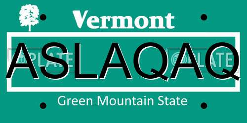 ASLAQAQ Vermont License Plate