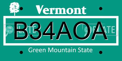 B34AOA Vermont License Plate