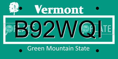 B92WQI Vermont License Plate
