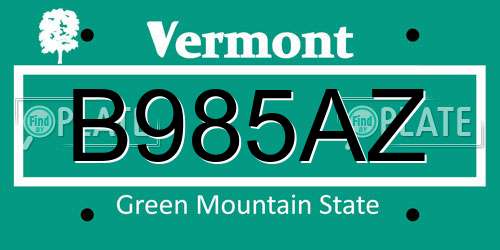 B985AZ Vermont License Plate