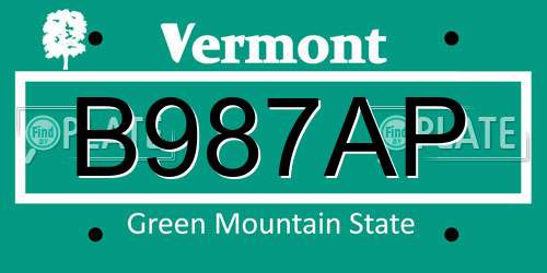 B987AP Vermont License Plate