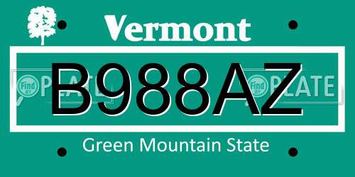 B988AZ Vermont License Plate