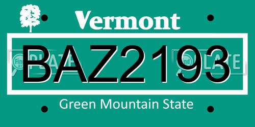 BAZ2193 Vermont License Plate