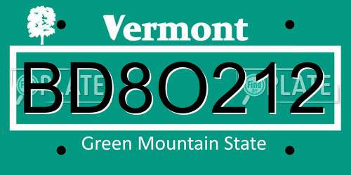 BD8O212 Vermont License Plate