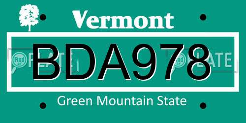 BDA978 Vermont License Plate
