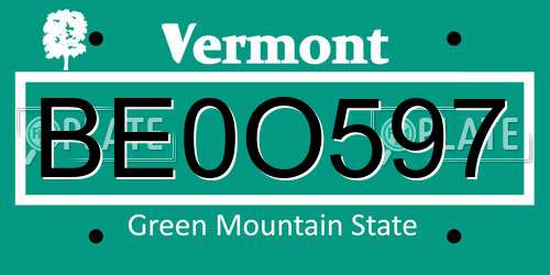 BE0O597 Vermont License Plate