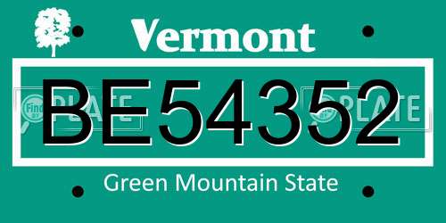 BE54352 Vermont License Plate