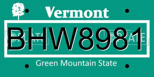 BHW8981 Vermont License Plate