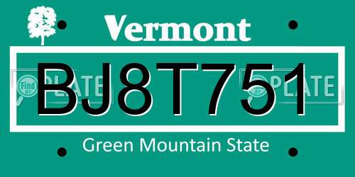 BJ8T751 Vermont License Plate
