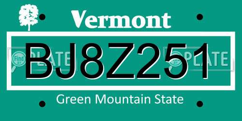 BJ8Z251 Vermont License Plate