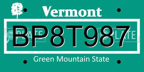 BP8T987 Vermont License Plate