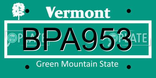 BPA953 Vermont License Plate