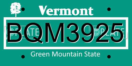 BQM3925 Vermont License Plate
